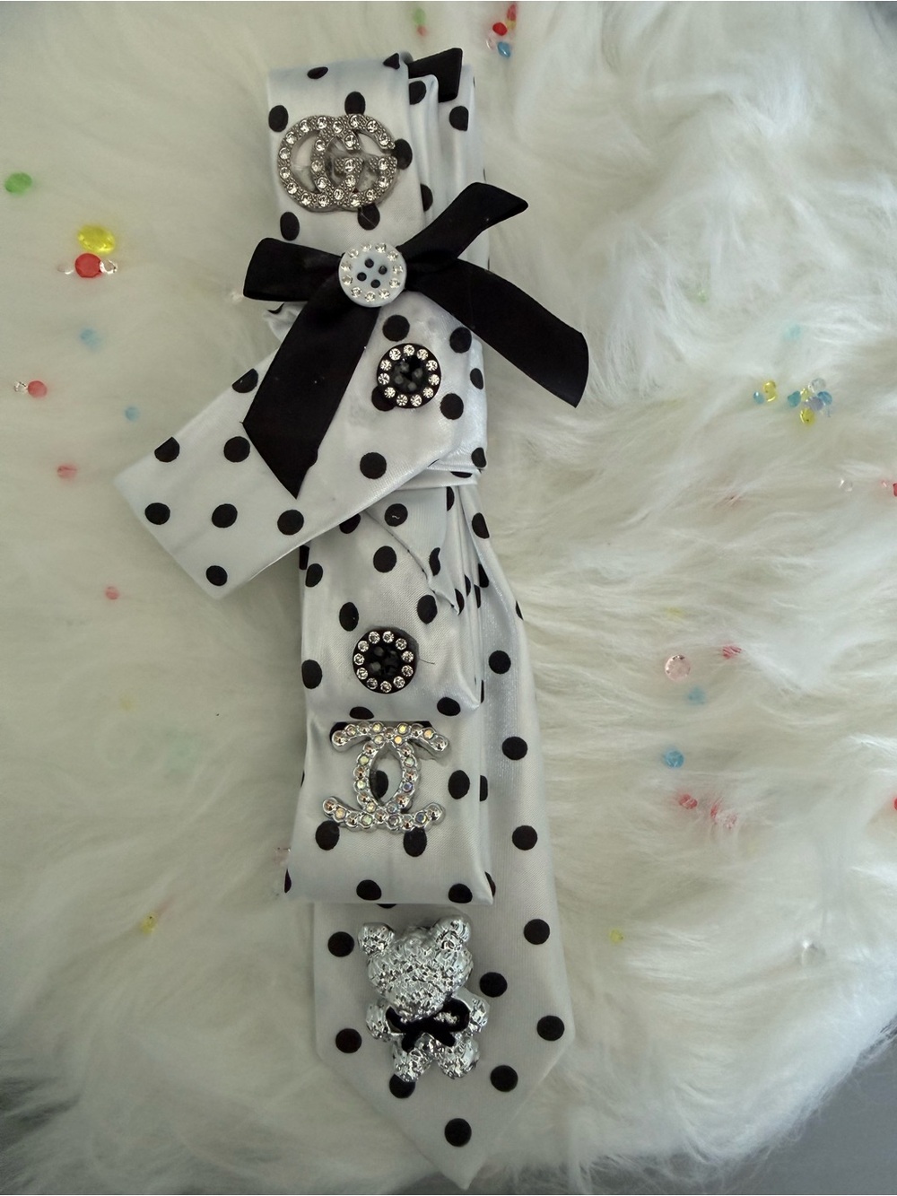 Polka Dot Crystal-Embellished Silk Tie with Logo Accents